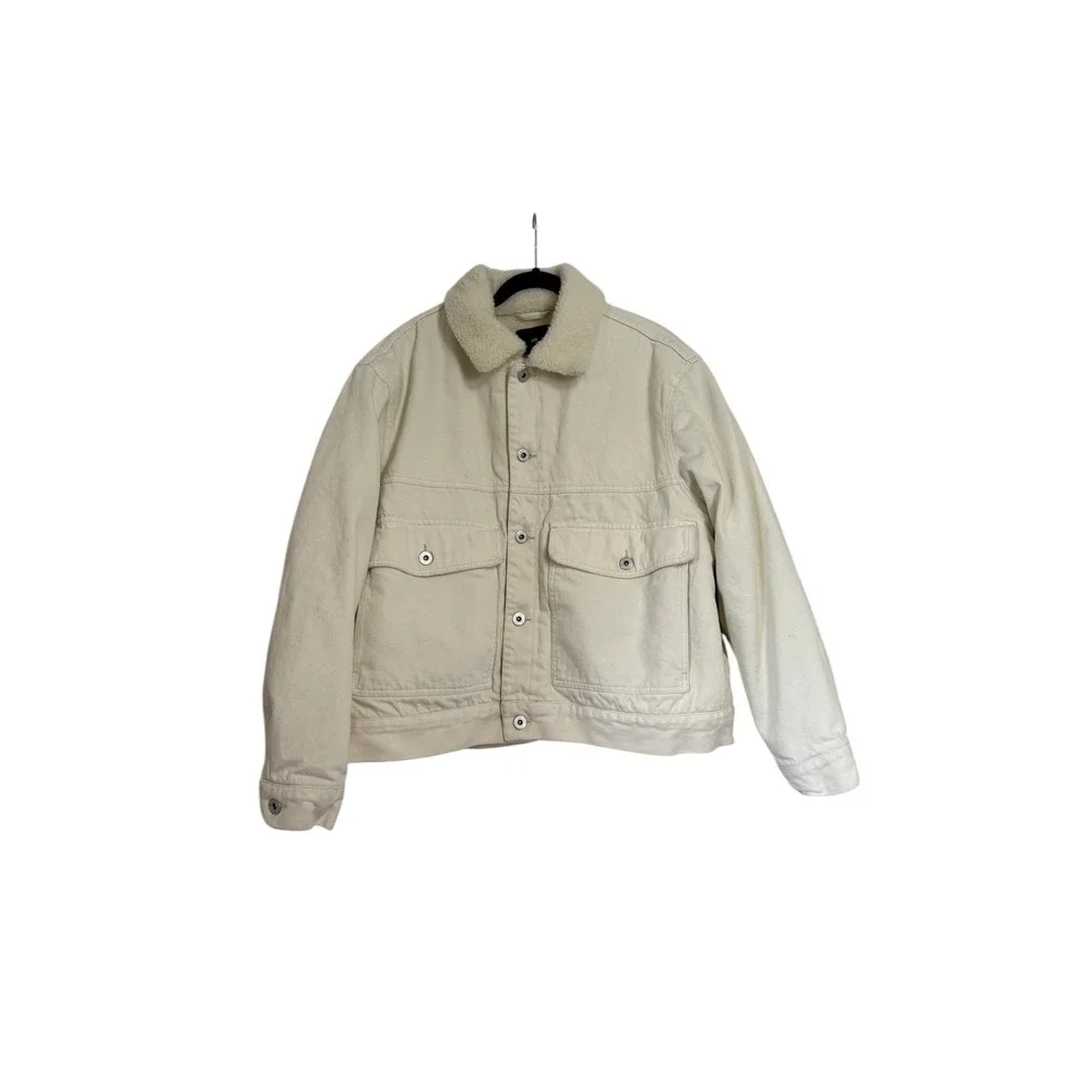 H&M White Sherpa Collar Button Accent Jean Jacket Lined Men Short Casual